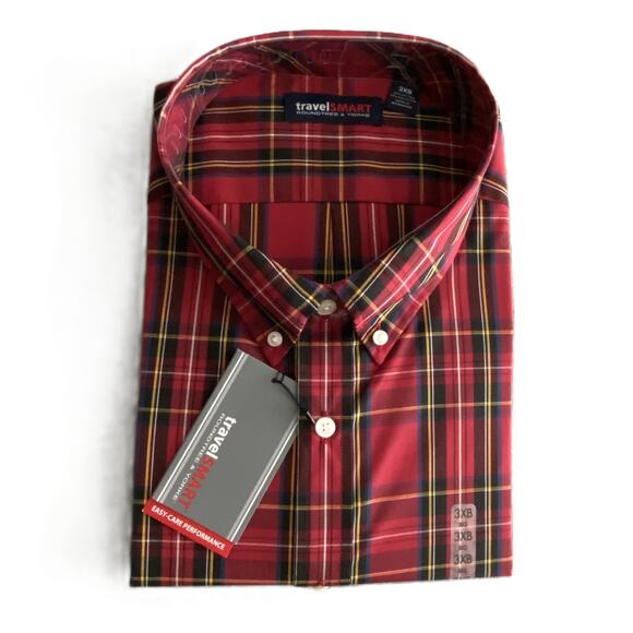 Roundtree & Yorke TravelSmart Big & Tall Men's 3XB Dress Shirt Red Plaid NEW - Picture 1 of 5